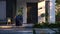 a simple, well-lit front porch featuring a navy blue fabric laundry bag, symbolizing cleanliness and organization in