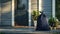 a simple, well-lit front porch featuring a navy blue fabric laundry bag, symbolizing cleanliness and organization in