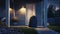 a simple, well-lit front porch featuring a navy blue fabric laundry bag, symbolizing cleanliness and organization in