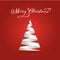 Simple white paper ribbon folded in a shape of Christmas tree. Merry Christmas theme. 3D vector illustration on red