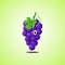 Simple winking character cartoon purple grapes. Cute smiling purple grapes icon isolated on green background