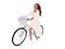 Simple woman on bike illustration. Flat girl on bicycle modern lifestyle leisure. Urban activity. Vector adventure