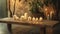 A simple wooden bench in the center of the room surrounded by candles beckons for a peaceful moment of mindful breathing