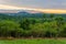 Simple wooden crosses and graves in front of lush jungle and dramatic sunset in Congo