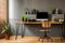 Simple workspace interior with wooden chair at the desk standing