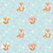 Simpless pattern with funny cute dogs, hearts, flowers and bones on a blue background.