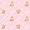 Simpless pattern with funny cute dogs, hearts, flowers and bones on a pink background.