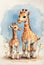Simplicity in Harmony: Two Hand-Drawn Giraffes on Soft Blue Watercolor Background