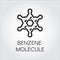 Simplicity line icon of benzene molecule. Organic chemical compound C6H6. Aromatic hydrocarbon contour logo