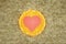 Simplicity love: red heart in self-sewed a linen fabric Golden brown color of natural linen, decorated with dried orange, made in