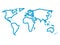 Simplified blue thick outline of world map divided to six continents. Simple flat vector illustration on white