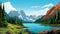 Simplified Cartoon Landscape: Whistlerian Style With Mountains And Lake