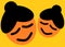 A simplified outline shape of a pair of orange skinned old ladies with bun hairstyle golden backdrop