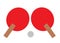 A simplified outline shape of a pair of red ping pong rackets and a light grey ping pong ball white backdrop