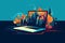 Simplified Vector Graphic Illustration depicting a laptop and a city skyline (Generative AI)