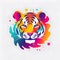 Simplistic innovative multicolored tiger logo. Empty background. Generative AI.