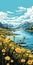 Simplistic Vector Art: Yellow Flowers In Front Of Mountains With A Lake