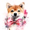 Simply Adorable: A Cute and Playful Shiba Inu Puppy with a Pastel Pink Headband Bandana in Watercolr AI Generated