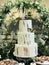 Simply decorated three-layered wedding cake with white cream and flowers.