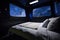 simulated zero-gravity bedroom, with floating sheets and pillows, and starry night sky visible through the window