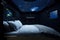 simulated zero-gravity bedroom, with floating sheets and pillows, and starry night sky visible through the window