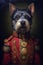 Simulation of a classic oil painting of a dog in military clothing classical style