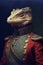 Simulation of a classic oil painting of a lizard in military clothing