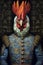 Simulation of a classic oil painting of a rooster wearing military clothing in renaissance style