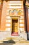 Sinaia, Romania - March 09, 2019: back entrance, wood door,  Sinaia Monastery located in Sinaia, Prahova, Romania