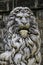 Sinaia, Romania, May 17, 2019: Marble sculpture. White stone lion. Architecture of the Middle Ages. European monuments. An ancient