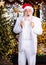 Sincere congratulations. happy mature man white formal suit. surprised businessman in tuxedo. senior man santa christmas