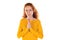 Sincere redhead woman holds hands together praying pose