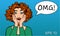 Sincere women`s surprise. A girl with an open mouth says OMG! Retro comics style. Pop art. Illustration