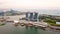Singapore, 12 February 2020: Aerial view of hotel Marina Bay Sands and harbor