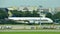 Singapore Airlines Airbus 380 super jumbo being towed across taxi-way at Changi Airport