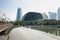 Singapore - Apr 20, 2016: Walking bridge in Marina Bay, Singapore with Lyric Opera on background