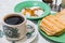 Singapore Breakfast Kaya Toast, Coffee bread and Half-boiled egg