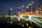 Singapore business district skyline financial downtown building with tourist sightseeing in night at Marina Bay, Singapore. Asian