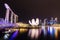 Singapore city skyline at night. Helix bridge, Marina Bay Sands hotel and business district