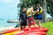 Singapore East Coast Park Beach. Canoe instructor giving guidance advises to two students