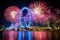 Singapore ferris wheel and fireworks at Marina Bay Sands, Singapore, Night firework display between Marina Bay Sands hotel and