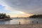 Singapore - SEPTEMBER 30, 2016: sunset in the water at Sentosa Beach