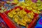 SINGAPORE, SINGAPORE - JANUARY 30. 2018: Close up of golden grocery dogs inside of a tray inside Buddha Tooth Relic