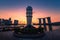 Singapore Skyline and view of skyscrapers on Marina Bay at sunrise.