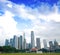 Singapore tall skyscrapers against blue sky