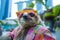 Singapore. Terrestrial sloth in sunglasses and a colorful shirt, smiling under a tree