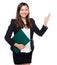Singaporean businesswoman with clipboard and raiseing hand