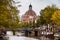 Singel canal and Round Lutheran Church in Amsterdam