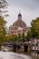 Singel canal and Round Lutheran Church in Amsterdam