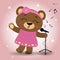 Singer bear brown in a pink dress and a wreath with a rose, a raised paw sings into a microphone, in the style of